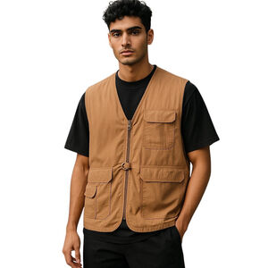 Unisex RFID Travel Vest, Mesh Lined Quick Dry 8 Pockets Size Large Cognac Brown